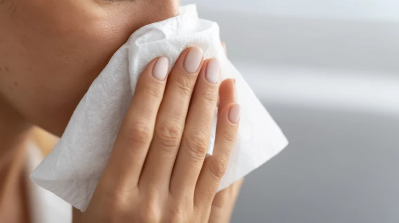 Woman holding tissue to her face during skincare routine