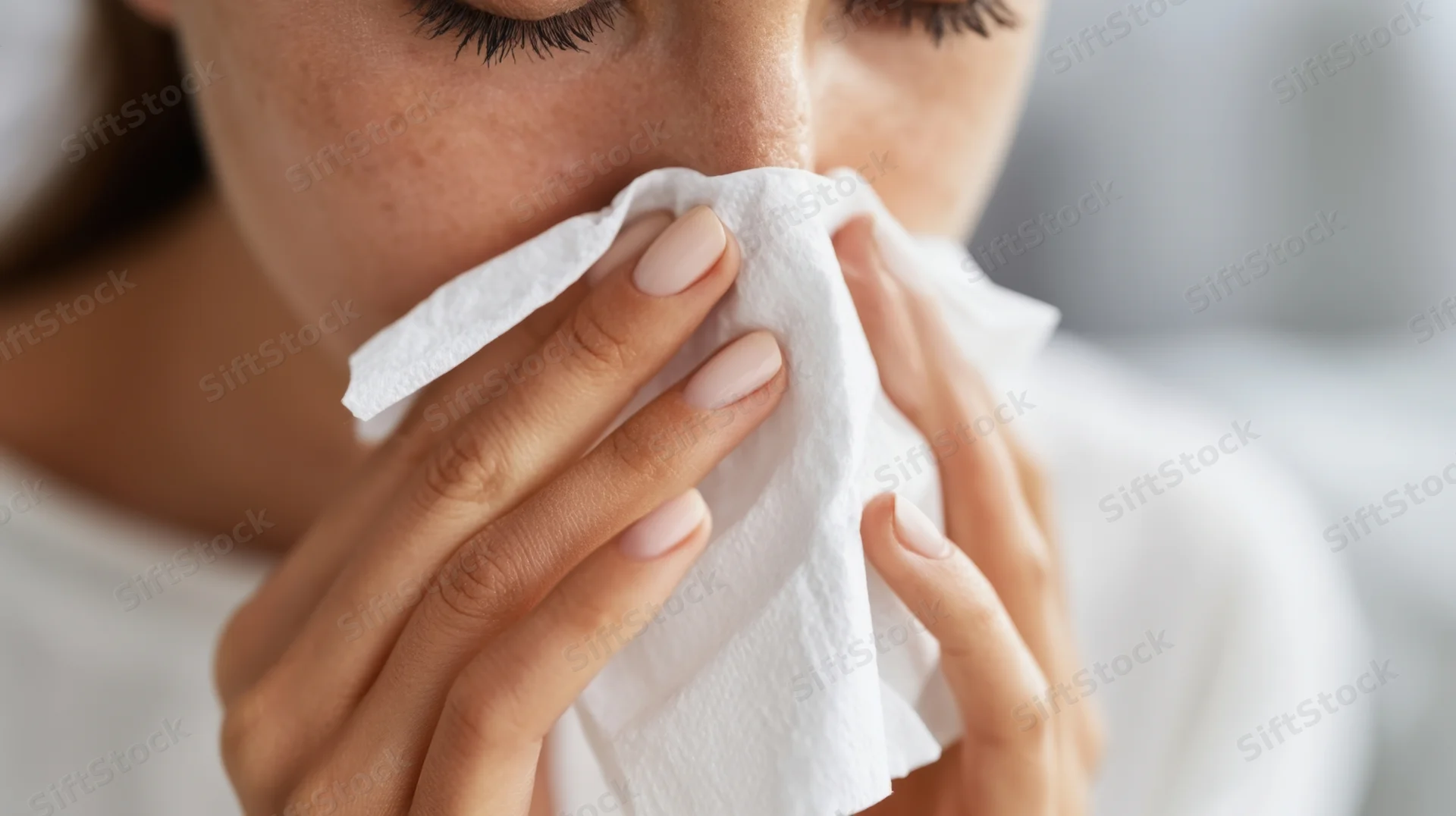 Woman holding tissue to her nose indoors