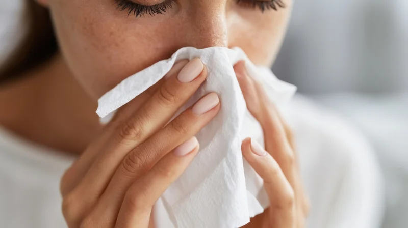 Woman holding tissue to her nose indoors