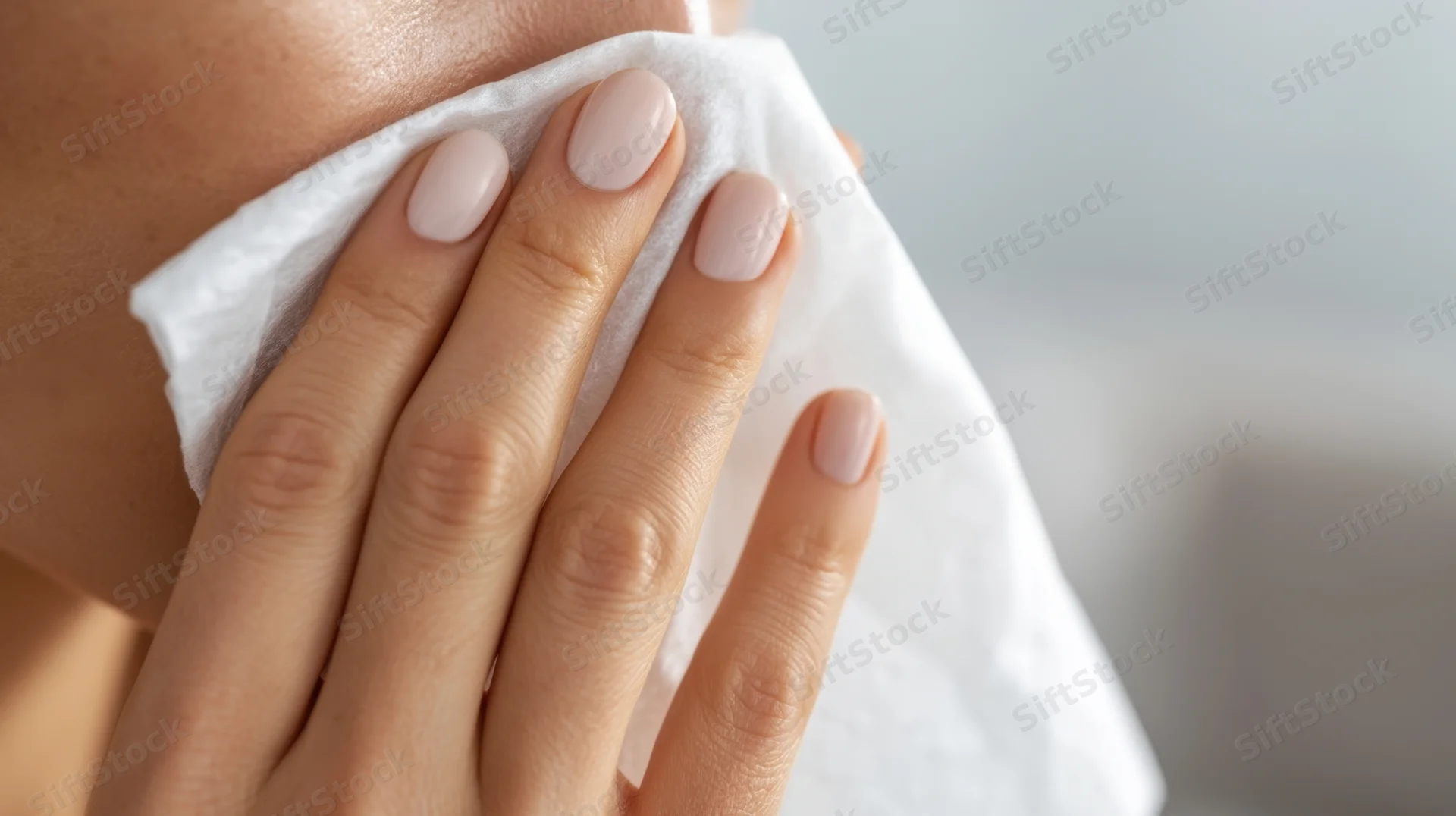 Woman using a white cleansing wipe on her face