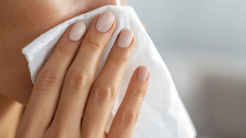 Woman using a white cleansing wipe on her face