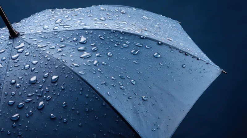 Close-up of a blue umbrella covered in raindrops against a dark background