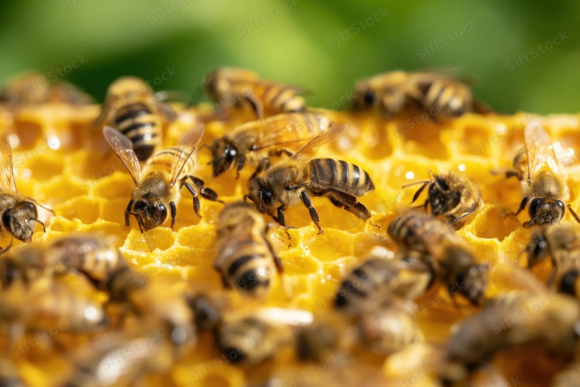 Honeybees crawling on a honeycomb in a hive during daylight