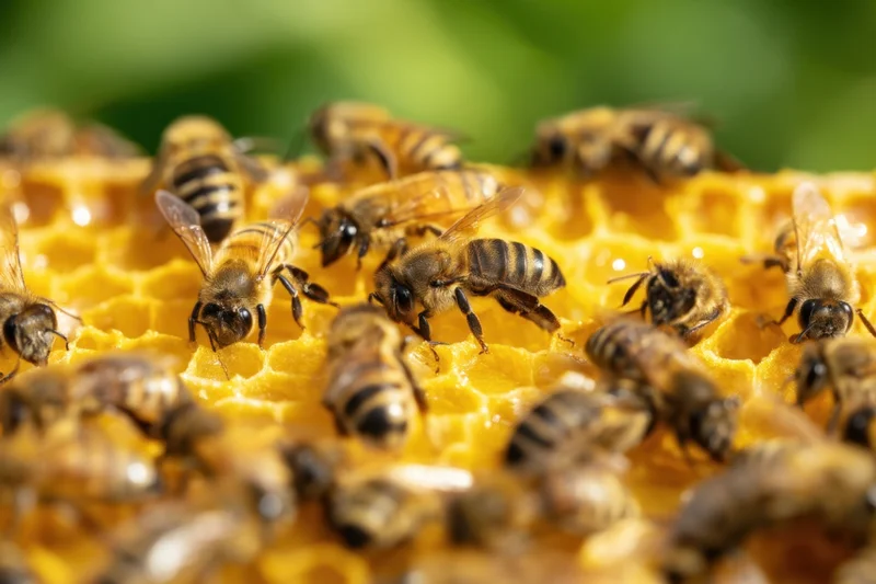 Honeybees crawling on a honeycomb in a hive during daylight