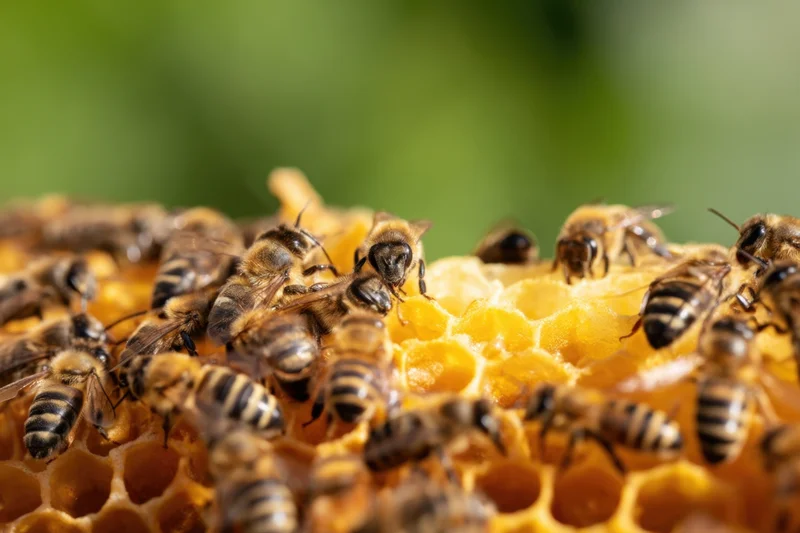 Honeybees crawling on a honeycomb structure in a hive