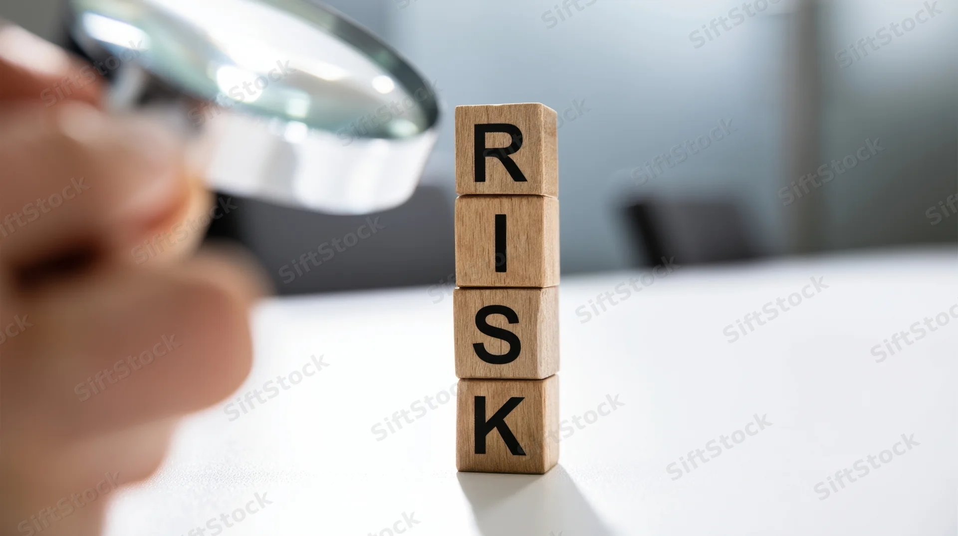 Hand holding magnifying glass over stacked wooden blocks spelling risk on office desk