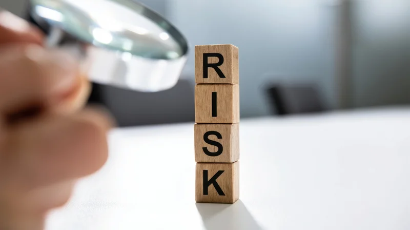 Hand holding magnifying glass over stacked wooden blocks spelling risk on office desk