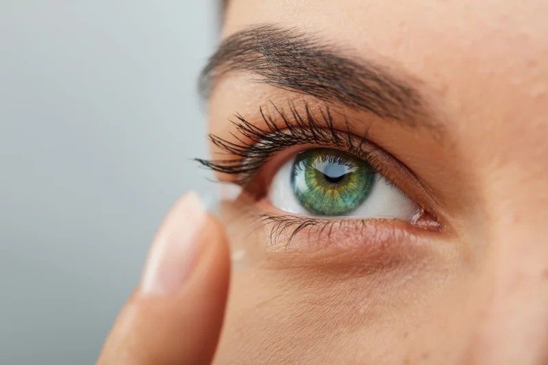 Woman inserting a contact lens into her green eye closeup