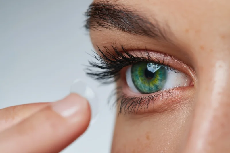 Woman inserting a contact lens into her eye in close-up view