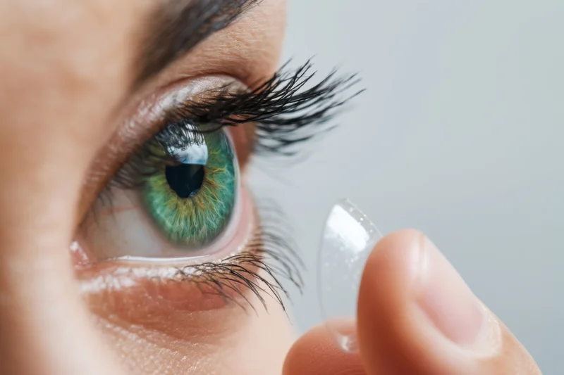 Close-up of a woman’s green eye holding a contact lens between fingers
