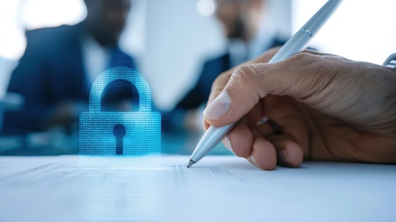 Hand signing a document with a digital lock hologram in an office setting