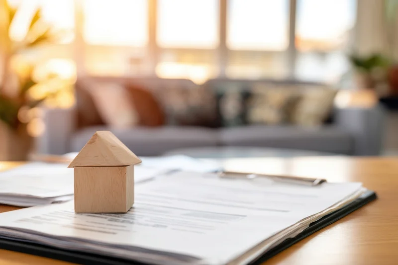Wooden house model on contract documents on desk in living room