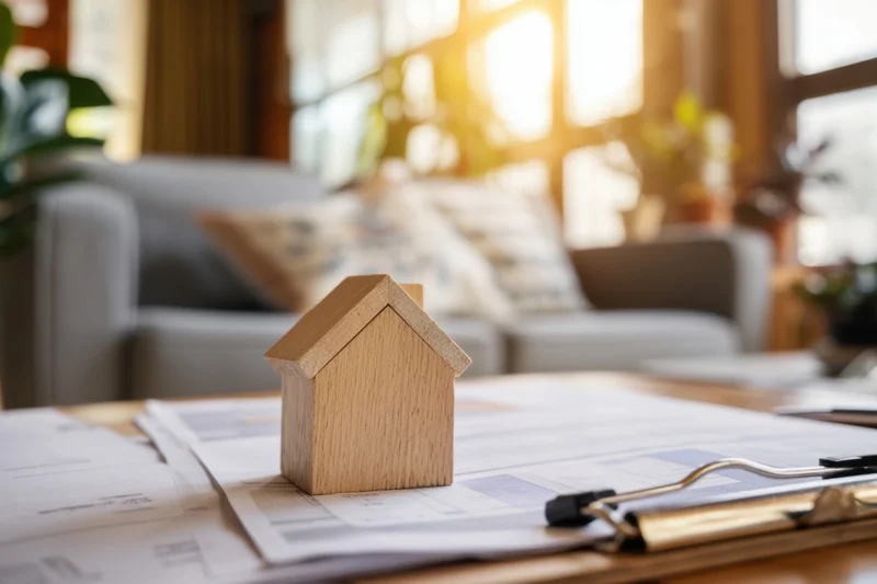 Wooden house model on documents on a desk in a living room with sunlight through window