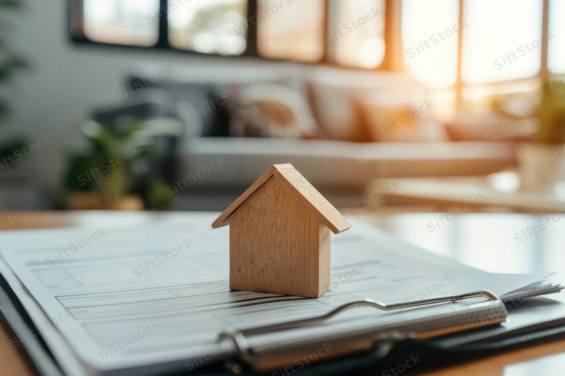 Wooden house model on a clipboard with documents in a bright living room