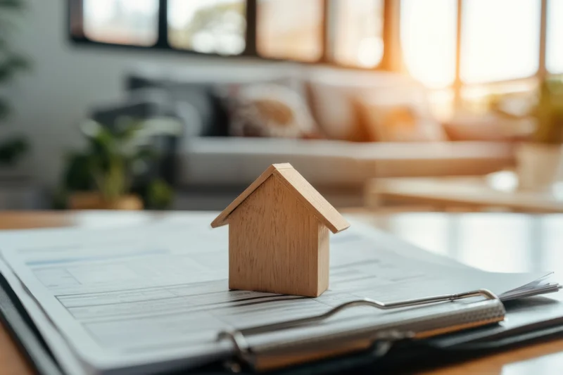 Wooden house model on a clipboard with documents in a bright living room