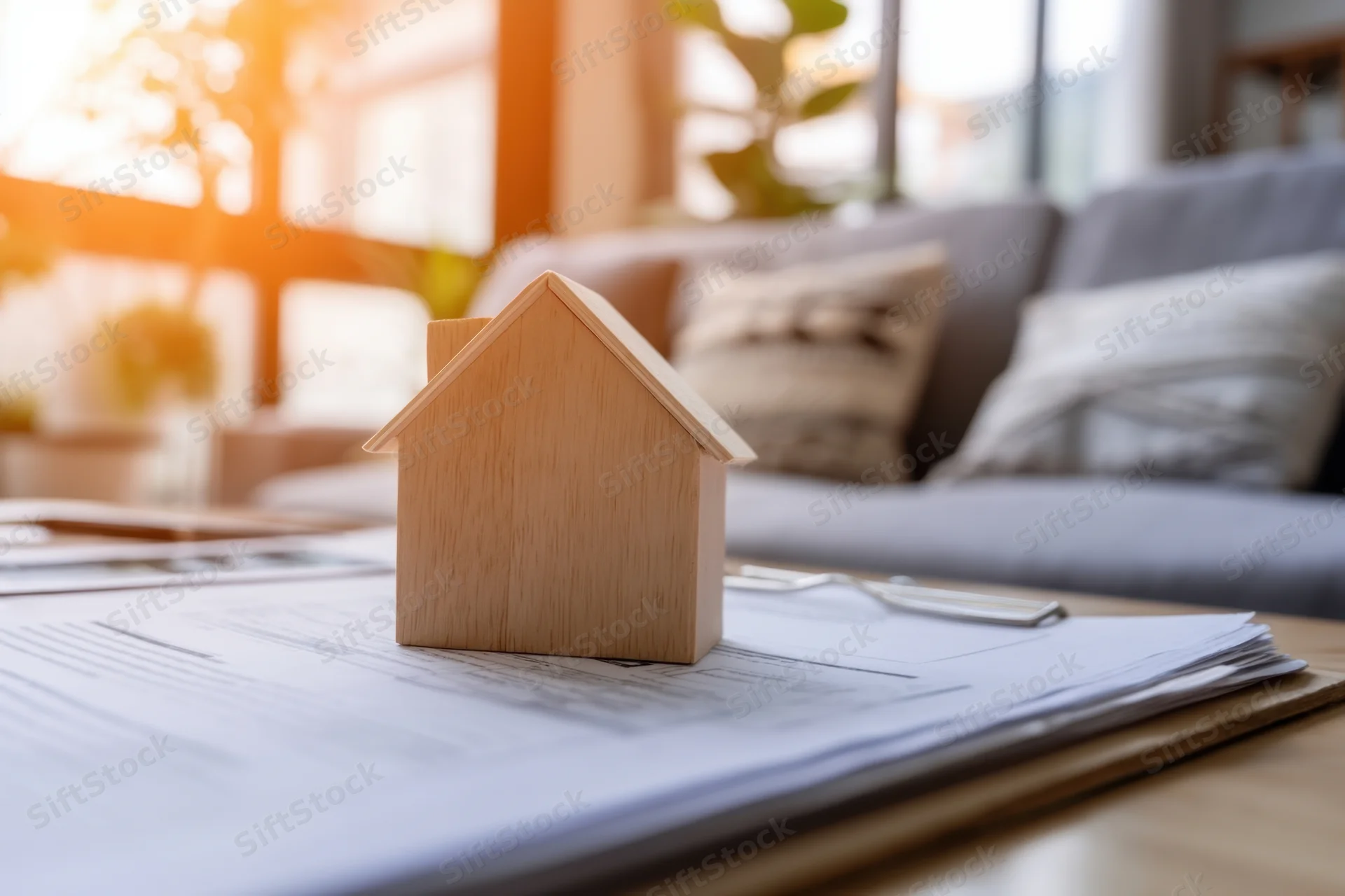 Wooden house model on stack of documents in living room with sunlight through window