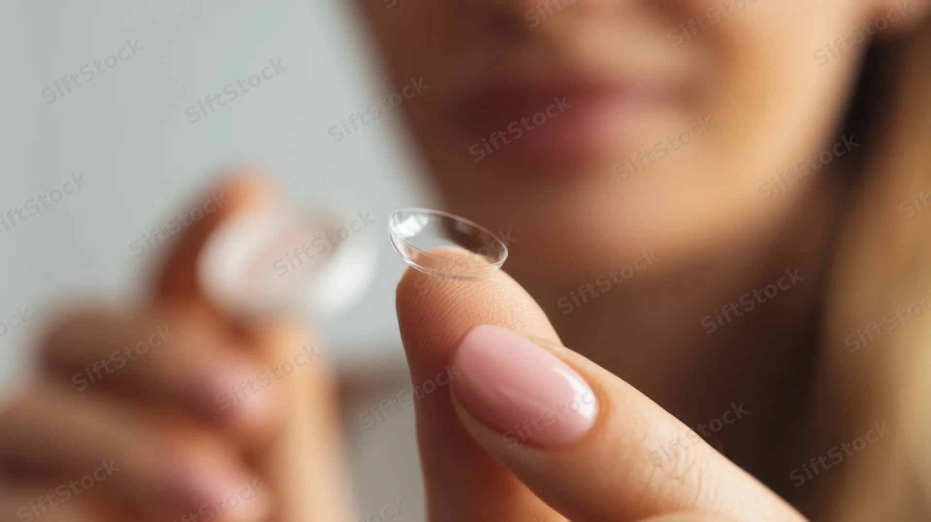 Woman holding a contact lens on her fingertip close-up
