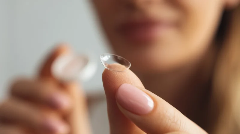 Woman holding a contact lens on her fingertip close-up
