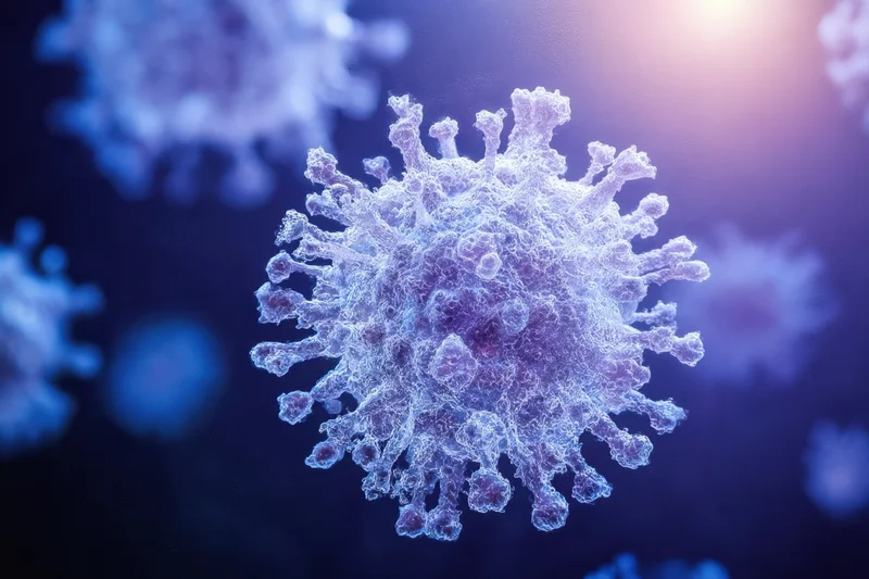 Close-up of a coronavirus particle glowing in blue and purple light against a dark background