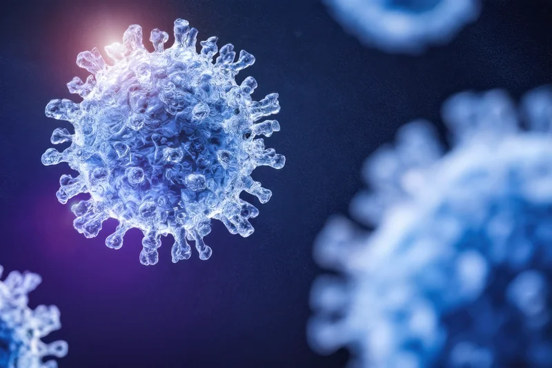 Close-up of a glowing blue coronavirus particle floating in a dark background with other blurred virus particles nearby