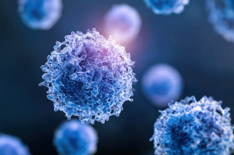 Close-up of a blue and purple immune cell with textured surface floating in dark background