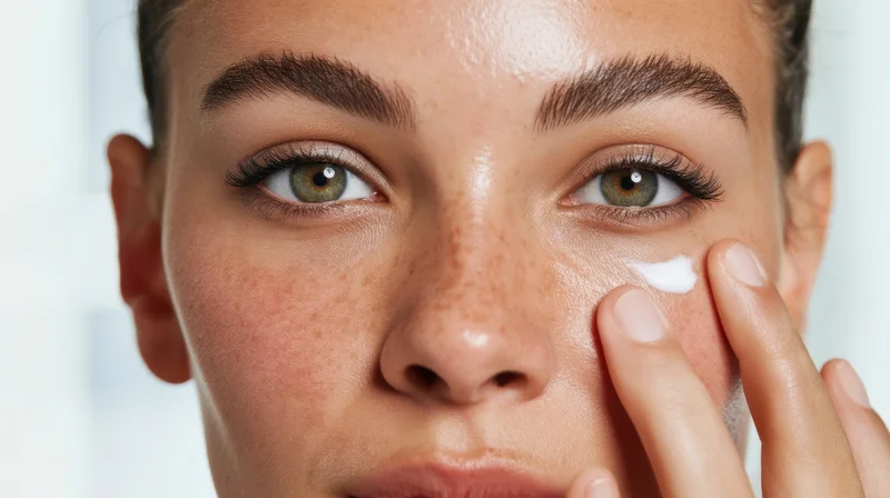 Woman applying cream to her face in close-up view