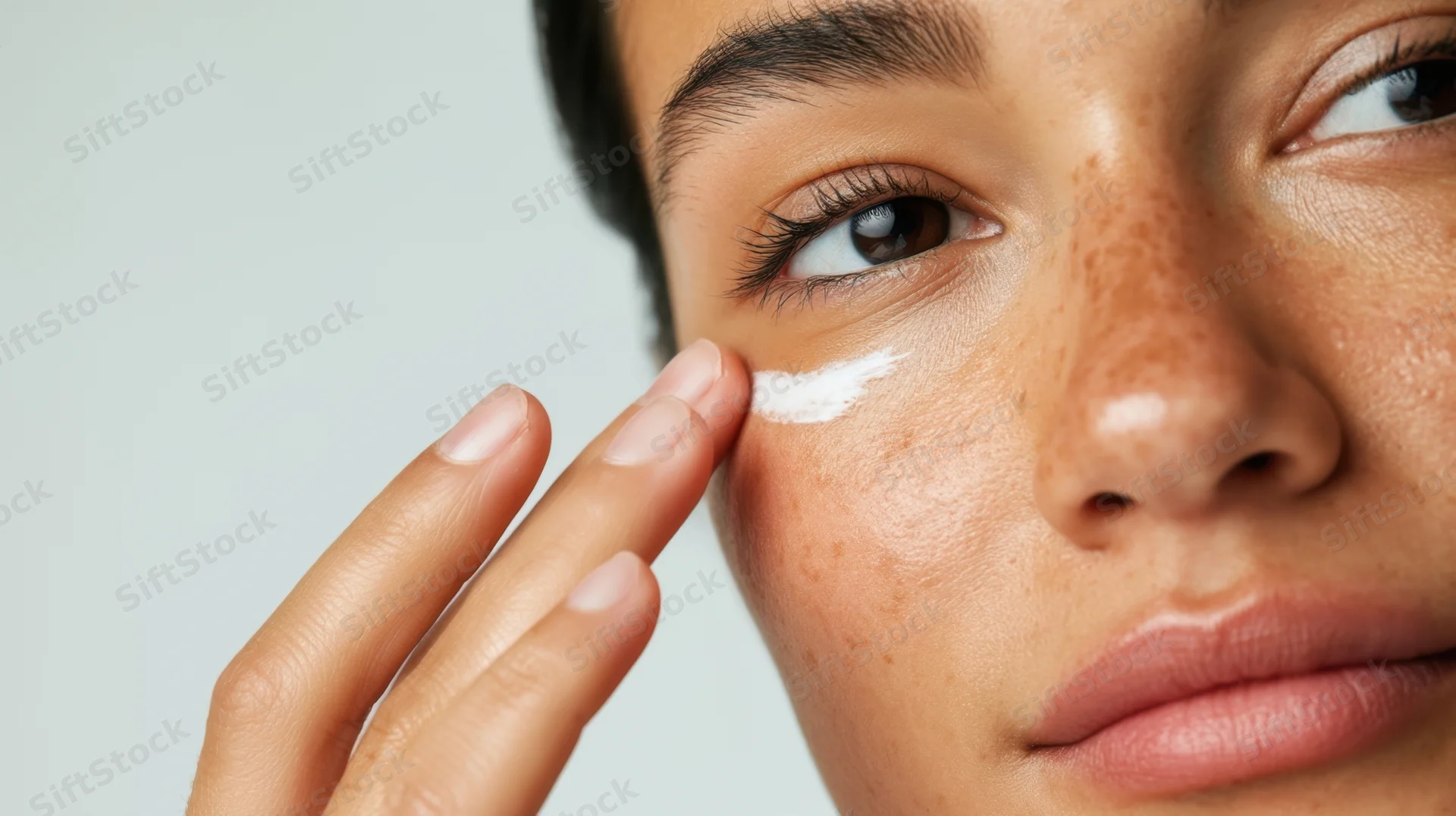 Woman applying cream to her face in close-up view