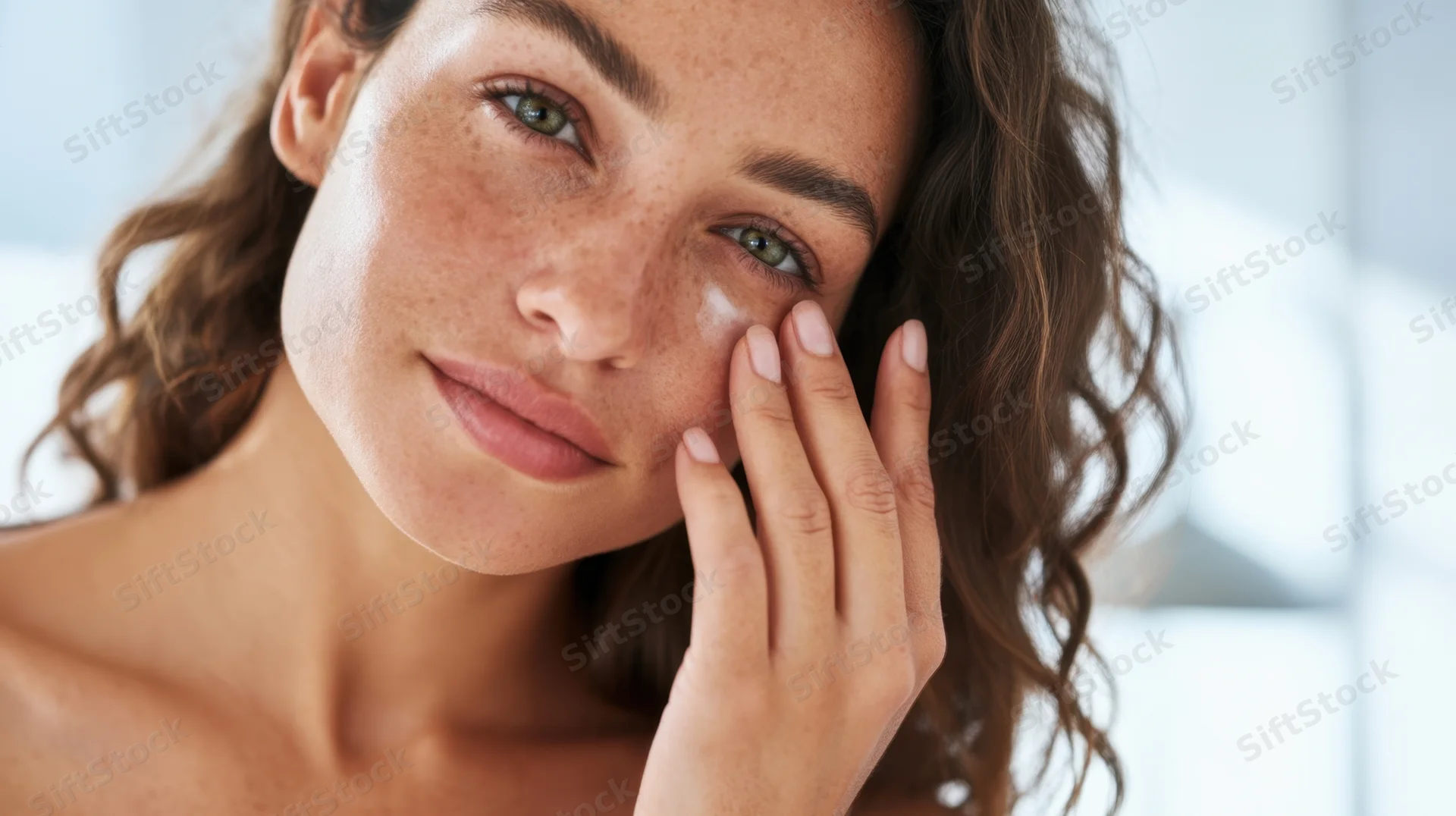Woman applying moisturizer to her face in a close-up portrait
