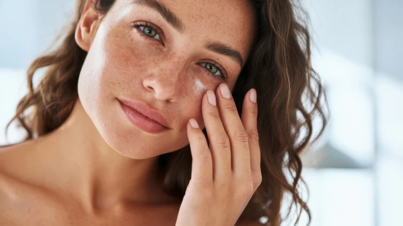 Woman applying moisturizer to her face in a close-up portrait