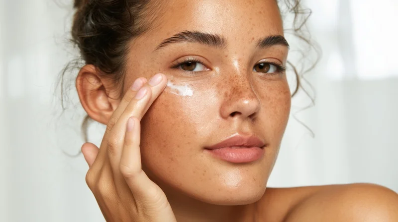 Young woman applying cream to her face in close-up view