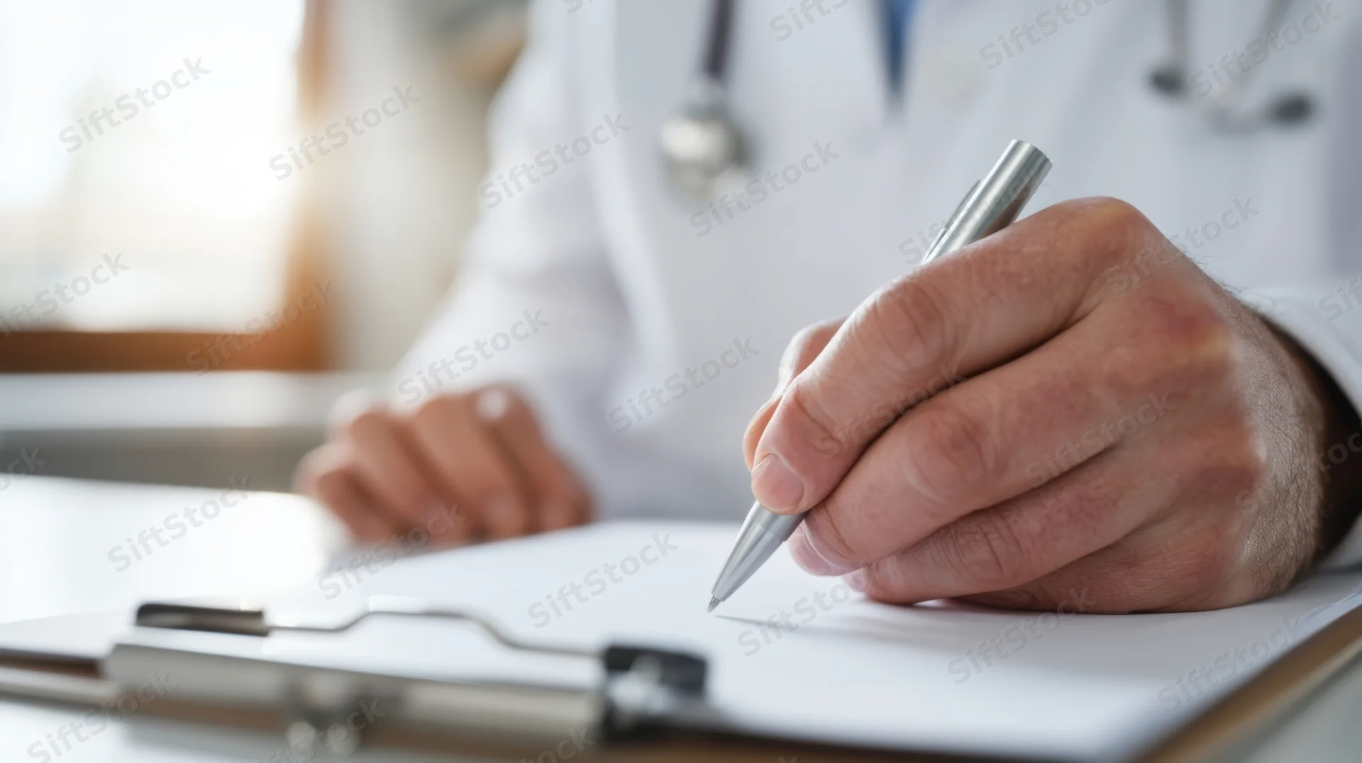 Doctor writing on a clipboard in a clinic office