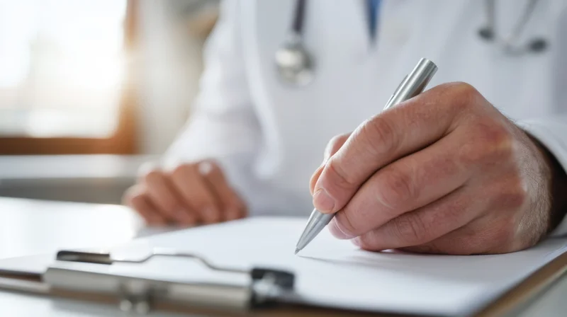 Doctor writing on a clipboard in a clinic office