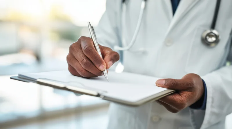 Doctor writing on a clipboard in a clinical setting