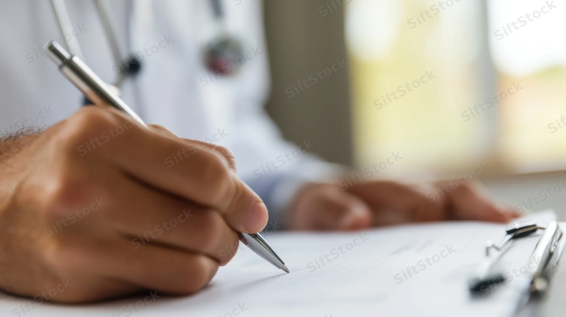 Doctor writing on a clipboard in a clinic office