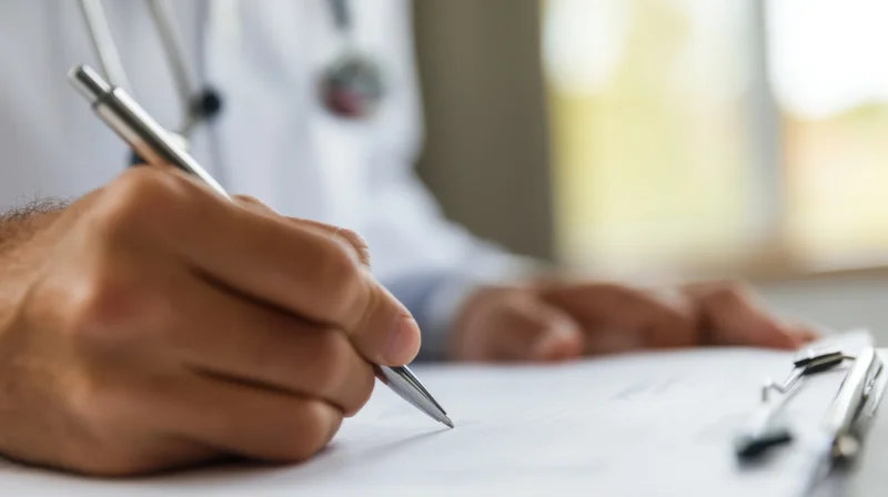 Doctor writing on a clipboard in a clinic office