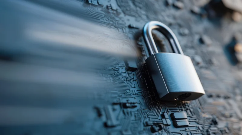 Metallic padlock resting on a detailed circuit board surface