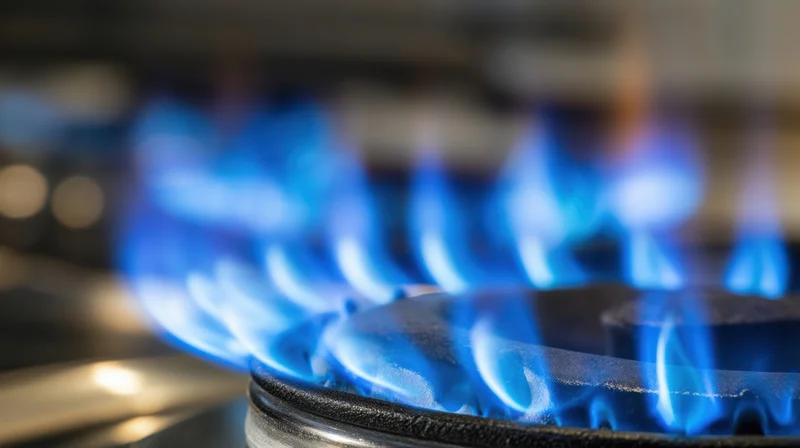 Blue flames burning on a gas stove burner in a kitchen
