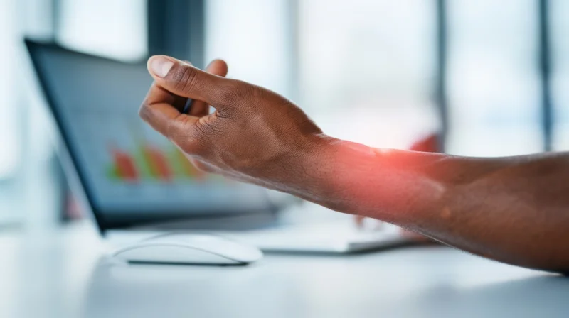 Close-up of a man's hand and wrist showing pain while using a laptop at a desk