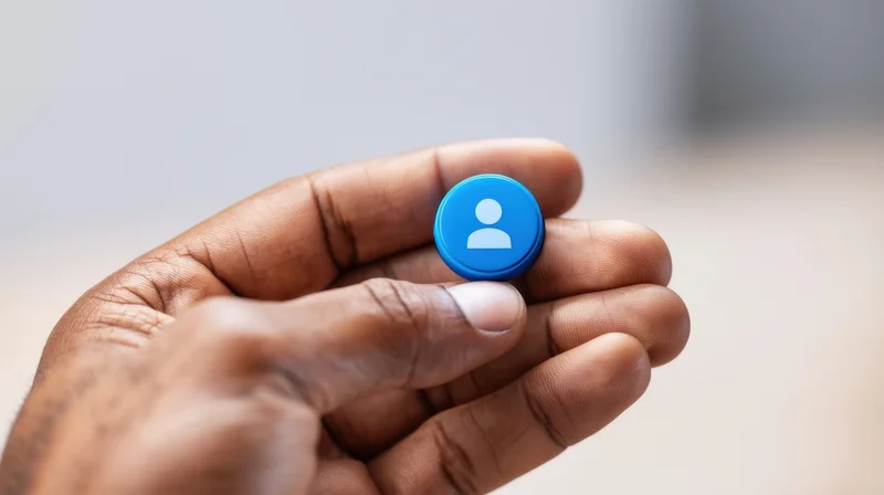 Hand holding a blue circular user icon between thumb and fingers against a blurred light background