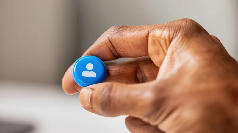 Hand holding a blue button with a user icon symbolizing digital identity access