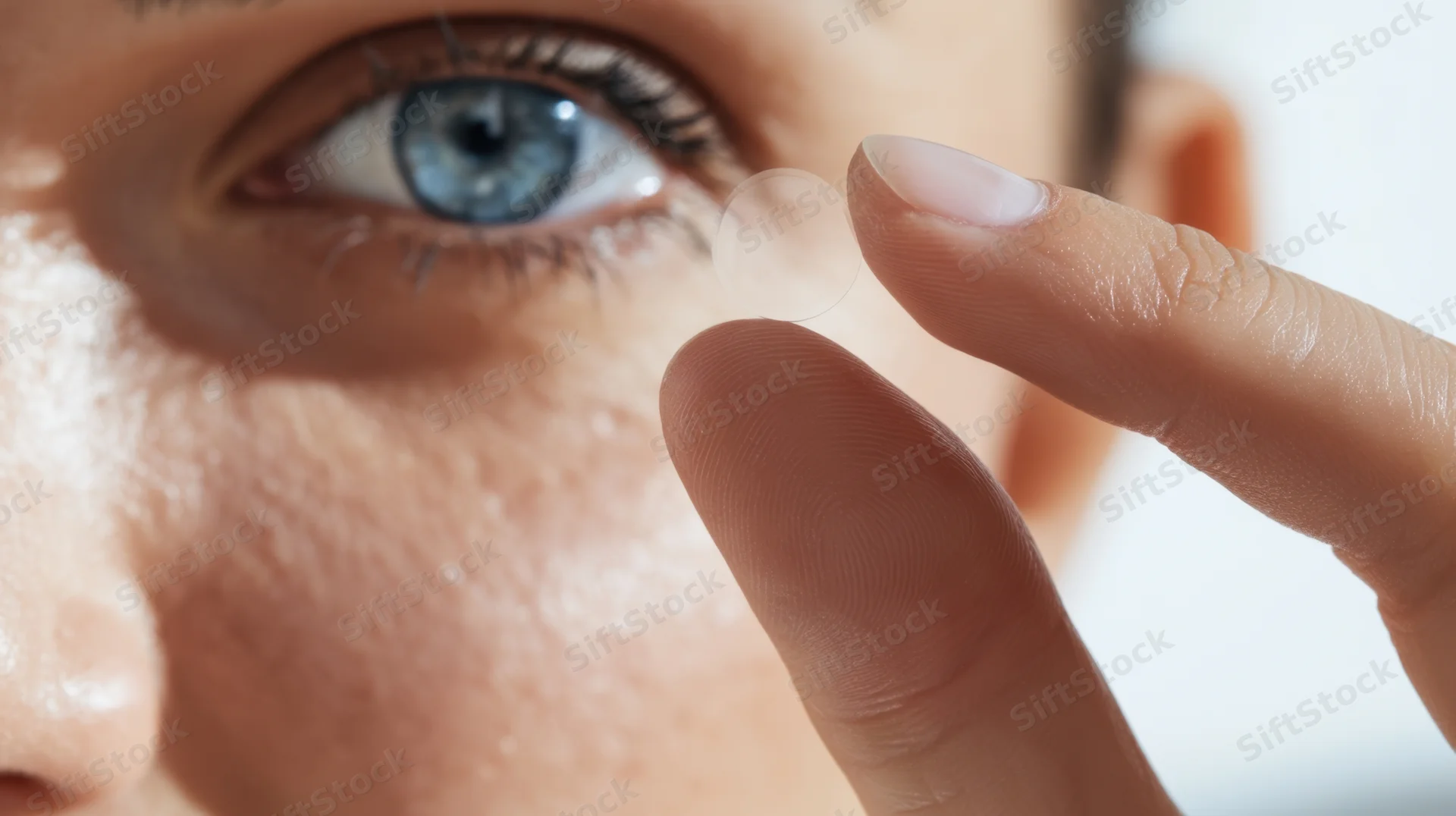 Woman inserting a contact lens into her blue eye in close-up view
