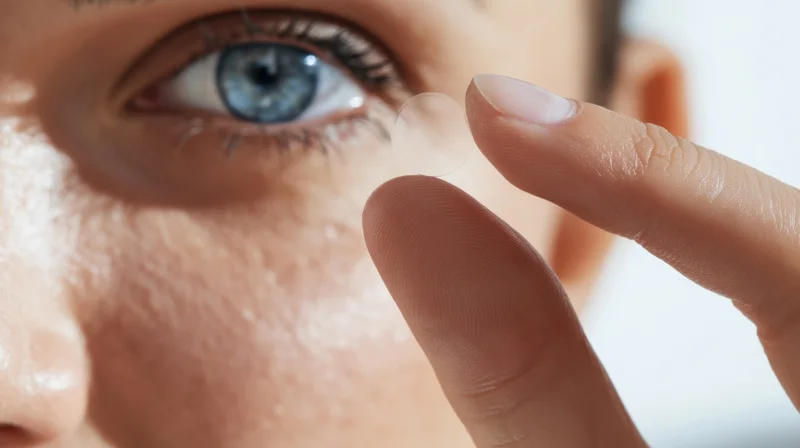 Woman inserting a contact lens into her blue eye in close-up view