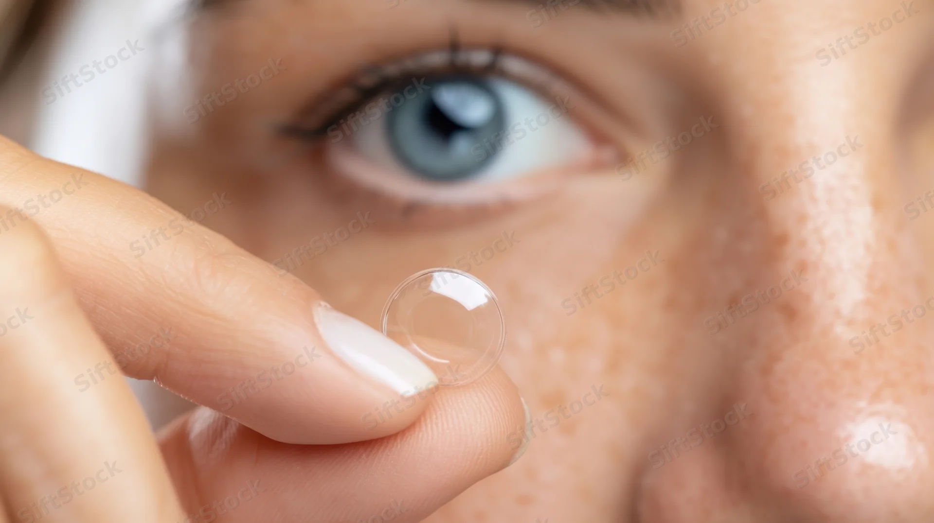 Woman holding a contact lens near her blue eye in closeup