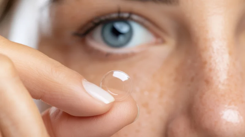Woman holding a contact lens near her blue eye in closeup