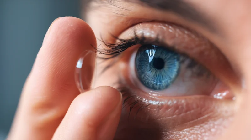 Woman inserting a contact lens into her blue eye closeup