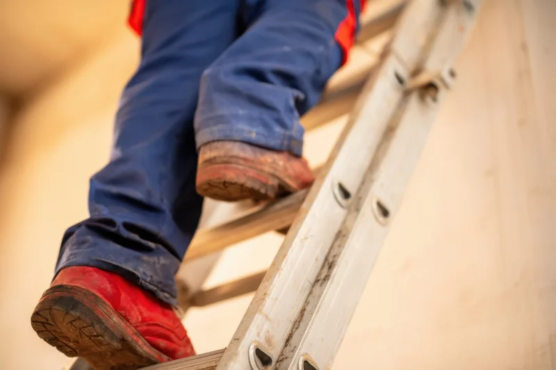 Worker climbing a metal ladder wearing red boots and blue work pants