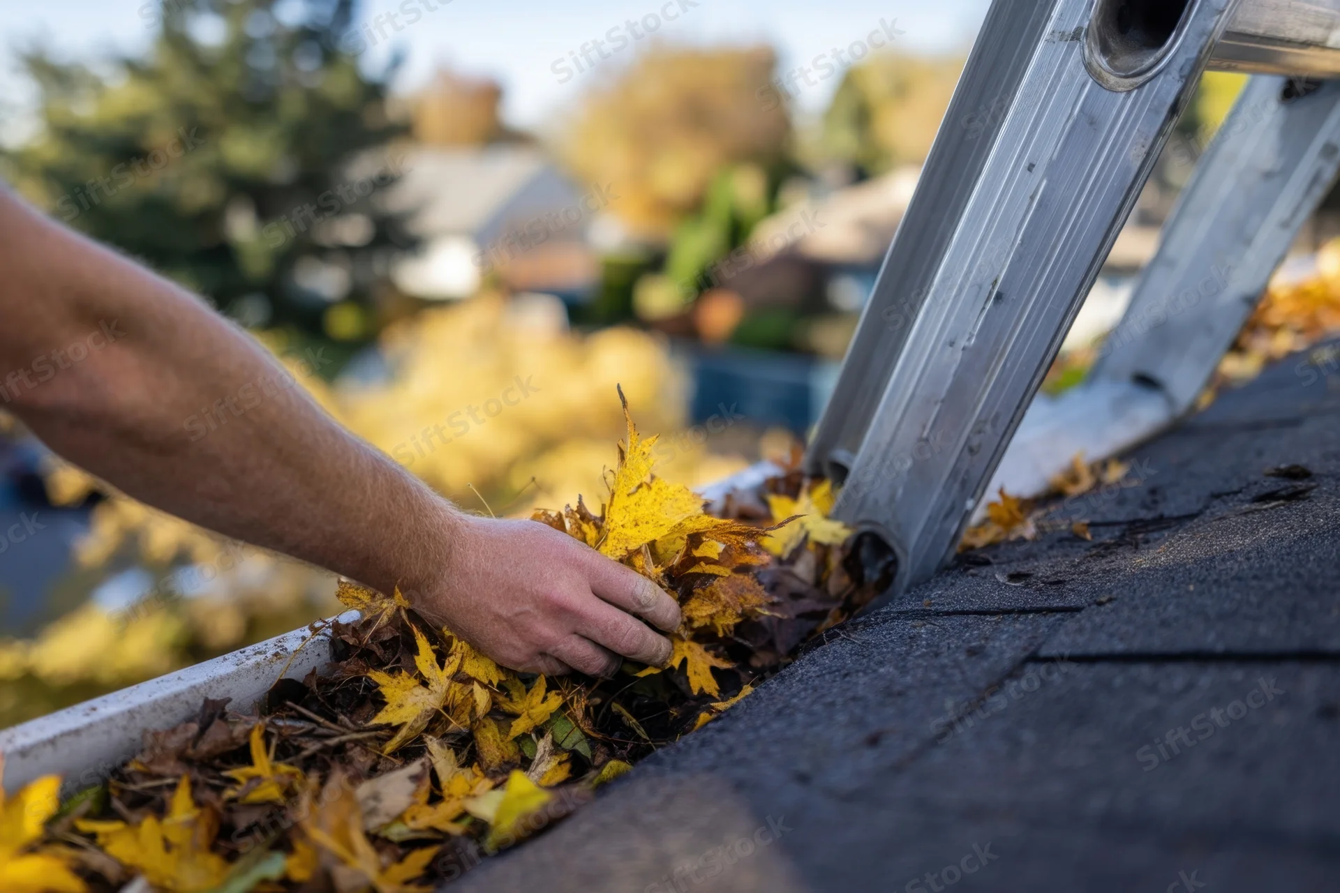 Man cleaning autumn leaves from roof gutter with ladder nearby