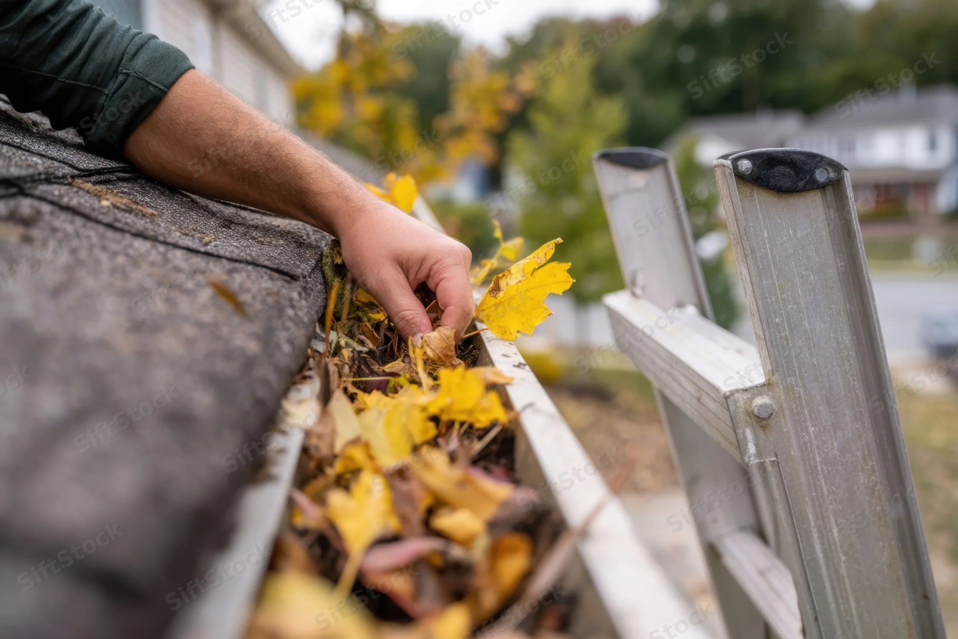 Man cleaning gutters filled with autumn leaves on a residential roof with a ladder nearby