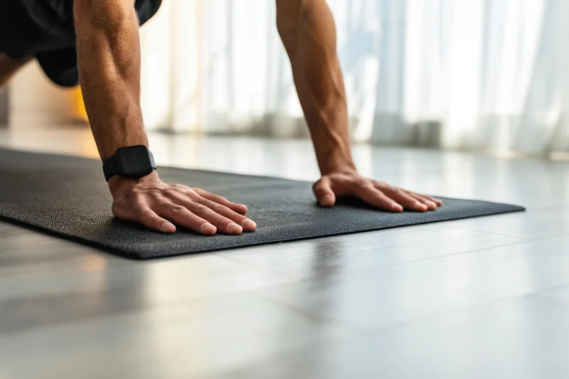 Man doing pushup on exercise mat in home gym setting