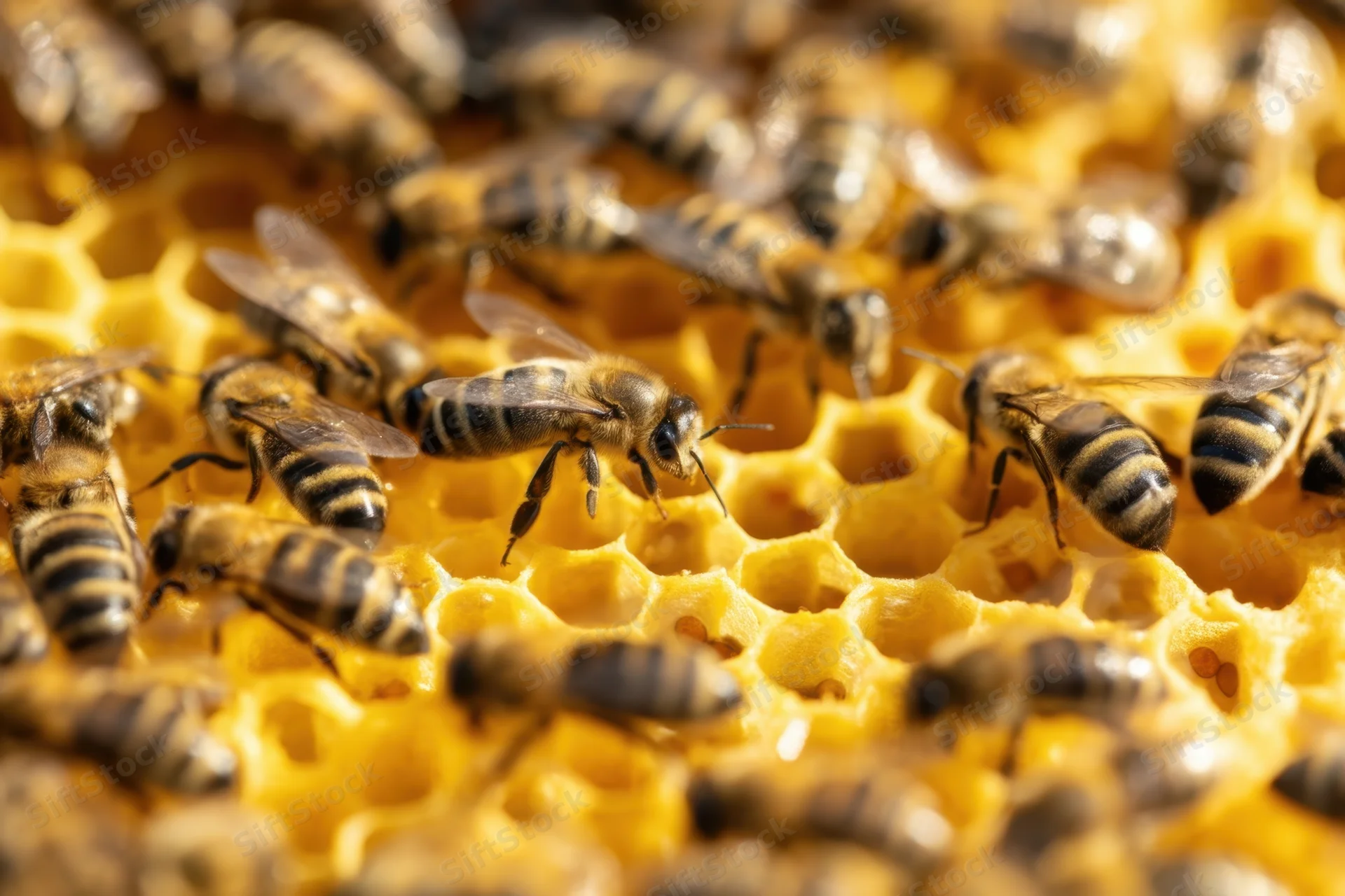 Honeybees crawling on a honeycomb structure in a hive